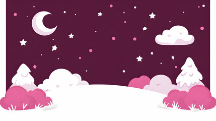 Serene winter night scene, whimsical illustration of snowy landscape under crescent moon and starry sky, pink bushes and trees.