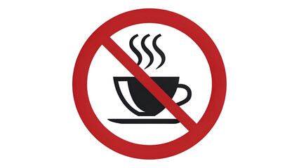 A red prohibition sign with a black cup of coffee and steam inside a white circle background