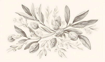 Realistic and artistic representations of almonds, almond farming, processing, and almond-based all isolated on a white background.