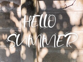 The phrase 'HELLO SUMMER' against a grunged wall with shadow from the tree.