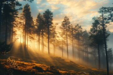 Misty Autumn Forest at Dawn with Sunlight Filtering Through Trees