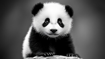 Naklejka premium Adorable baby panda cub sitting on a rock, monochrome.