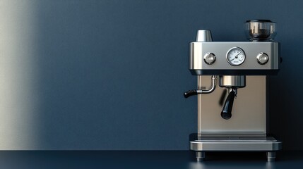 Fototapeta premium Espresso machine with steaming wand and pressure gauge on a navy blue background
