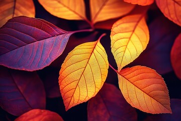 Fototapeta premium Vibrant Red and Orange Autumn Leaves on the Forest Floor with Intricate Veins in Warm Light
