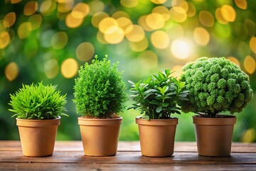 Fototapeta premium Lush Green Potted Plants with Bokeh Background - Stock Photo