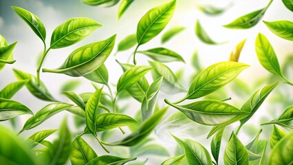 Fototapeta premium Lush Green Tea Leaves Flying, Motion Blur, White Background - Stock Photo