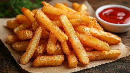 Golden French fries, ketchup, wood table, parsley