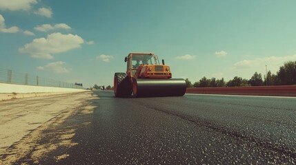 Obraz premium A heavy-duty asphalt paver laying a fresh layer of black asphalt on a highway.