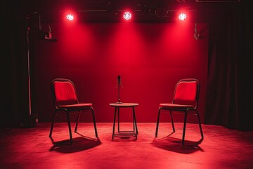 Red stage with two chairs and microphone.