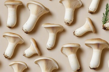King Oyster Mushrooms Pleurotus Eryngii Minimal Style Top View Arrangement on Beige Background Edible Fungi Food Photo
