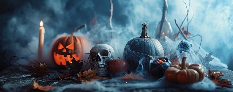 Enigmatic halloween arrangement featuring pumpkins, skull, and foggy backdrop
