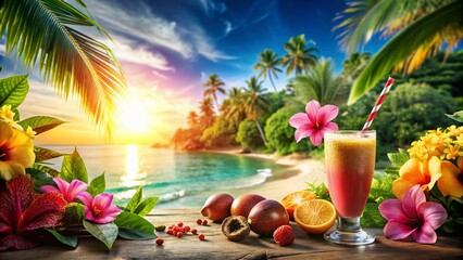 Lush Polynesian Paradise: Vibrant Fruit Cocktail with Pink Hibiscus Flowers