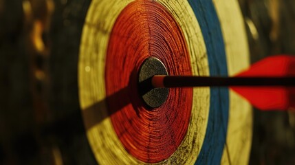 Close-up of an arrow striking the center of a colorful target, showcasing precision in archery practice outdoors