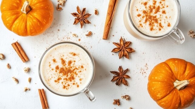 Overhead arrangement of autumnal pumpkin spice latte with seasonal elements