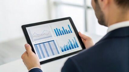 Warehouse management  and inventory scheduling concept. Business professional analyzing data on a tablet screen.