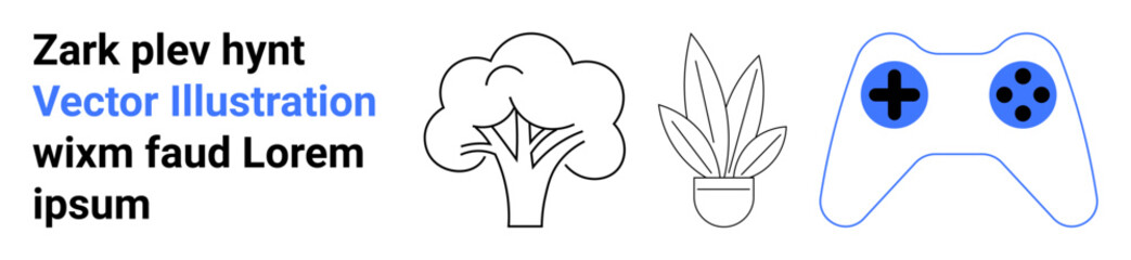 Tree outline, indoor plant, and gaming controller symbol in flat, simple style. Ideal for nature, sustainability, gaming, home decor minimalism hobbies environment. Modern flat landing page banner