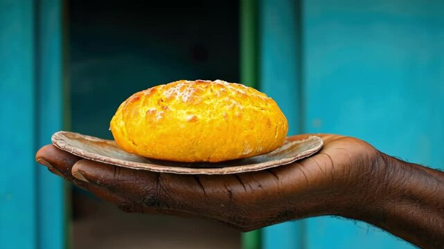 African adult holding fresh bun against vibrant background National Hangover Day