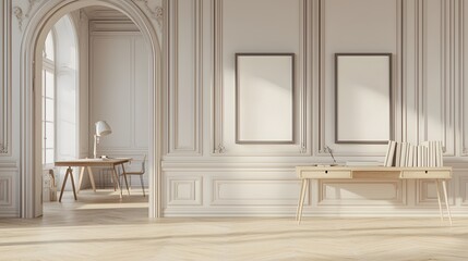 Minimalist Interior Workspace Featuring Elegant Wooden Furniture and Natural Light Openings