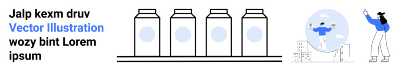 Rows of jars emphasize recycling, sustainability. Woman gestures toward globe with nature icons, highlighting environmental awareness. Ideal for green initiatives, environmental impact, awareness