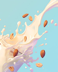 Realistic and artistic representations of almonds, almond farming, processing, and almond-based all isolated on a white background.