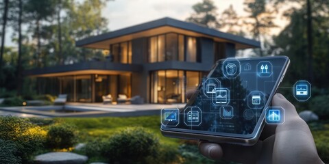 Smart Home Automation Interface in Futuristic Design with Holographic Touch Controls and Lush Green Surroundings