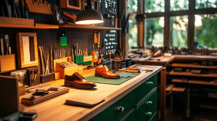Craftsmanship in a Shoe Workshop Handmade Leather Shoes on a Workbench with tool and Natural Light