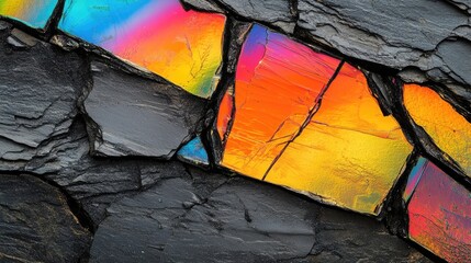 Glass shards reflecting rainbow colors on a dark charcoal background