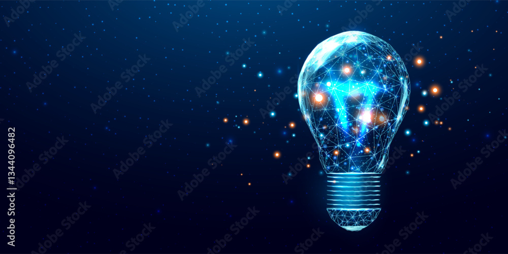 Poster wireframe polygonal lightbulb. internet technology network, business idea concept with glowing low p