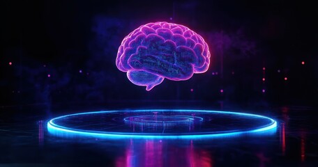 Futuristic Glowing Brain Hologram Cyberpunk Technology AI Deep Learning Digital Network