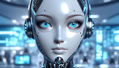An artificially created organism that imitates the appearance of a human with a female face. The concept of future and present robotics technologies.