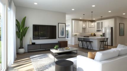 Living room with wide lcd tv screen, stand and table. Vector realistic illustration of modern house interior with flat plasma television set hanging on wall, white furniture, plants and black lamps