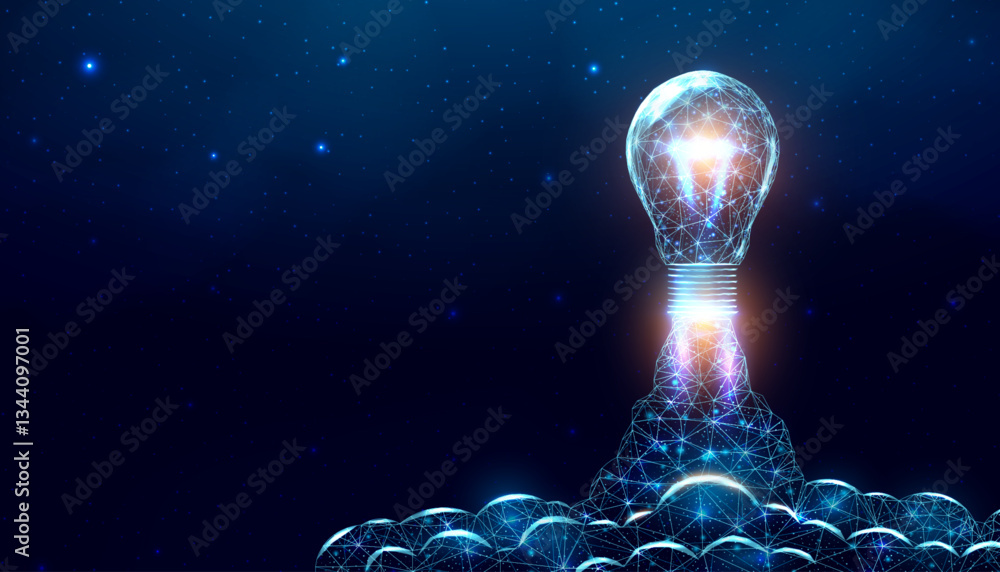 Poster bulb launch, wireframe polygonal style. internet technology network, business startup concept with g