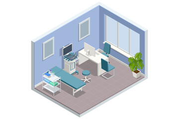 Isometric vector medical ultrasound room, equipped with examination bed, ultrasound machine, medical cart, doctor's desk, computer, chairs, and plants, creating a welcoming diagnostic space.