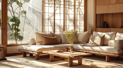 A Japandi-style living room with light wooden furniture, earthy-toned cushions, and large windows allowing natural sunlight to flood the space