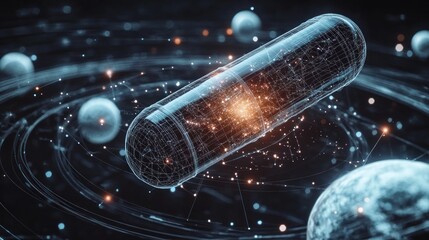 Futuristic pill in space, planets and data points, scientific concept image