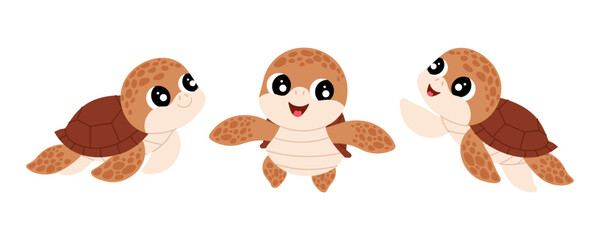 Sea turtle. Flat illustration of marine animals. Cartoon turtle in different poses.