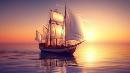 Obraz premium Majestic sailing ship at sunset, serene ocean scene. Perfect for travel, adventure, or freedom themes.
