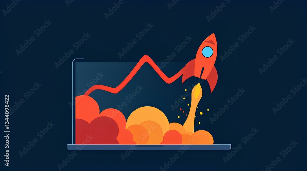 Aufkleber flat style rocket icon with bold upward line and explosive motion background symbolizing rapid progr