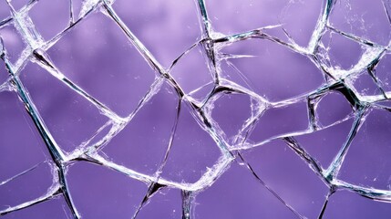 Fototapeta premium High-detail cracks in a shattered glass pane over a soft lilac background