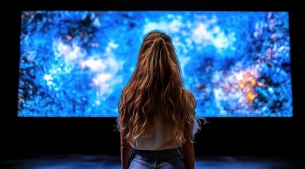 A woman with long hair stands in front of a large, colorful digital art display in a contemporary gallery. The artwork features swirling blue and orange patterns, captivating viewers