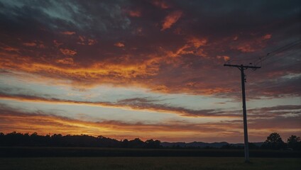 Obraz premium Dramatic sunset with vibrant orange and red clouds over a rural landscape, featuring a power line, silhouetted trees, and distant hills.