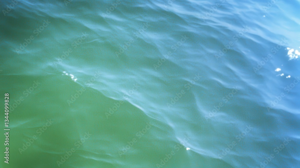 Poster a serene view of clear water with gentle waves, reflecting light and creating a tranquil atmosphere.