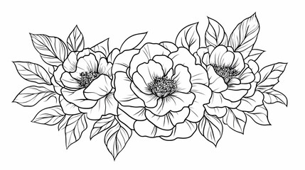 Elegant line art floral arrangement; three blooming peonies with leaves; perfect for wedding invitations or stationary design