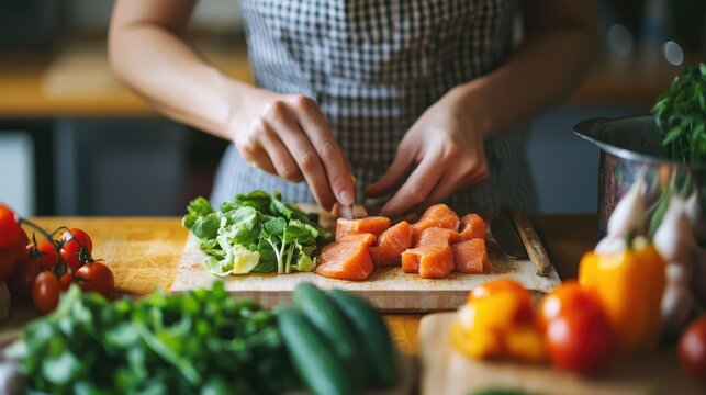 A woman preparing a paleo diet meal with fresh vegetables and lean protein.