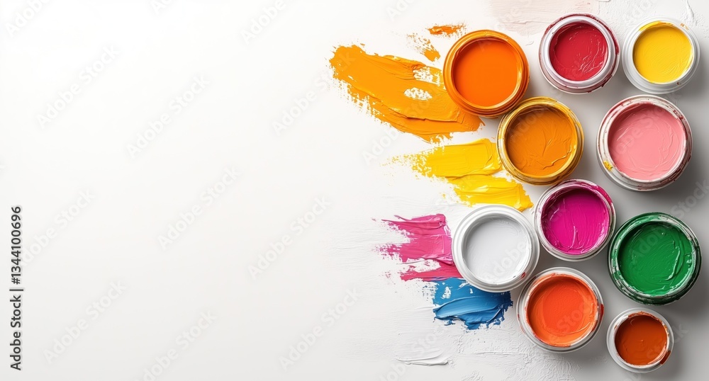 Poster bright paint containers in various colors are arranged on a white surface. vibrant brush strokes in 