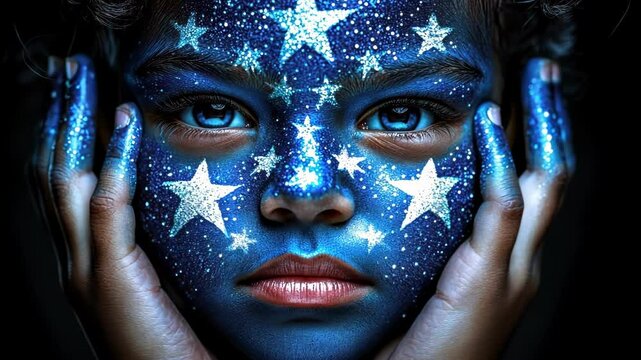 Young hispanic child with starry face paint against dark background