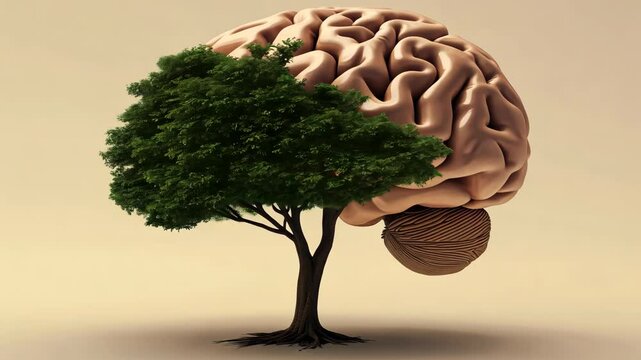 Creative representation of a brain intertwined with a tree in a surreal art concept