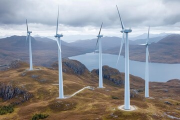 Aerial View of Wind Turbines Over Rolling Hills and Serene Lake