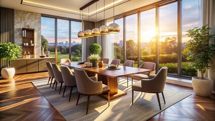 Fototapeta premium Luxurious Modern Dining Room Aerial View - Elegant Home Interior Design