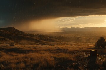 Dramatic Landscape with Dark Storm Clouds and Glowing Sunset Lights